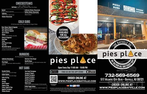Pies place - Pies Place. starstarstarstarstar_half. 4.4 - 68 reviews. Rate your experience! $ • Pizza, Salad, Italian. Hours: 11AM - 10PM. 517 Atlantic City Blvd, Bayville. (732) 569-6569. Menu Order Online.